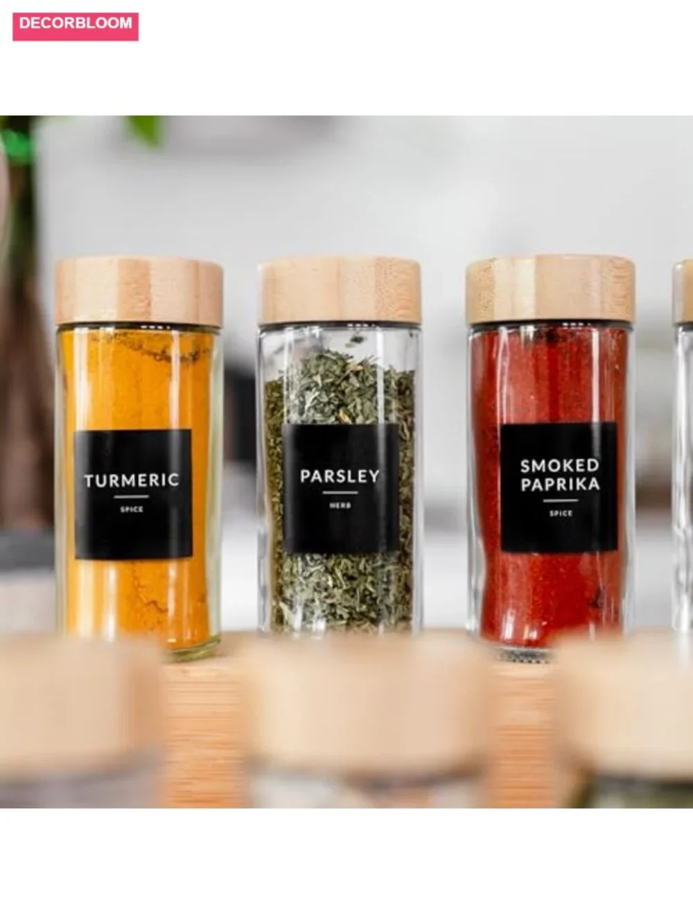 24 Glass Spice Jars with Bamboo Lids & 374 Labels, Shaker Lids